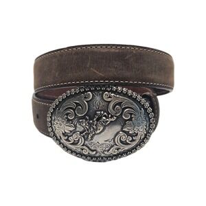 Nocona Belt Company Genuine Leather Boys Belt Size 28 Bull Rider Buckle Cowboys
